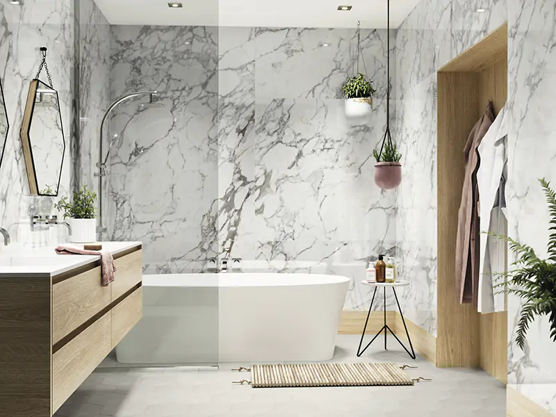Carrelage effet marbre blanc dans une salle de bains à Douvaine