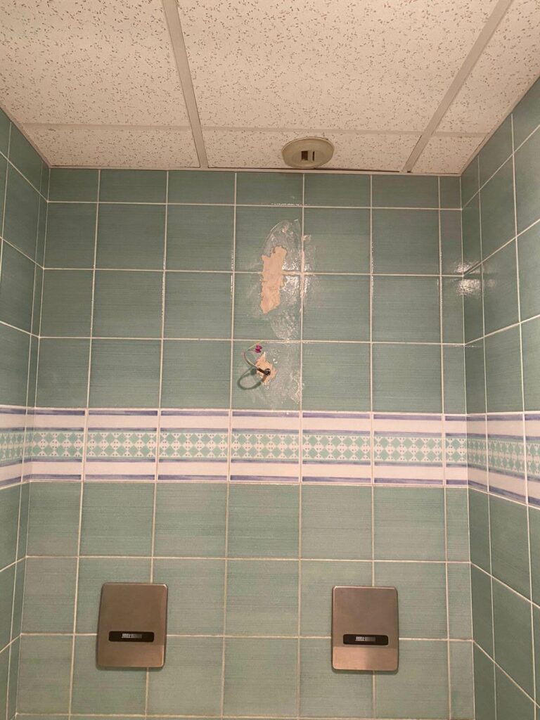 Zoom sur le carrelage dans les sanitaires à Sciez