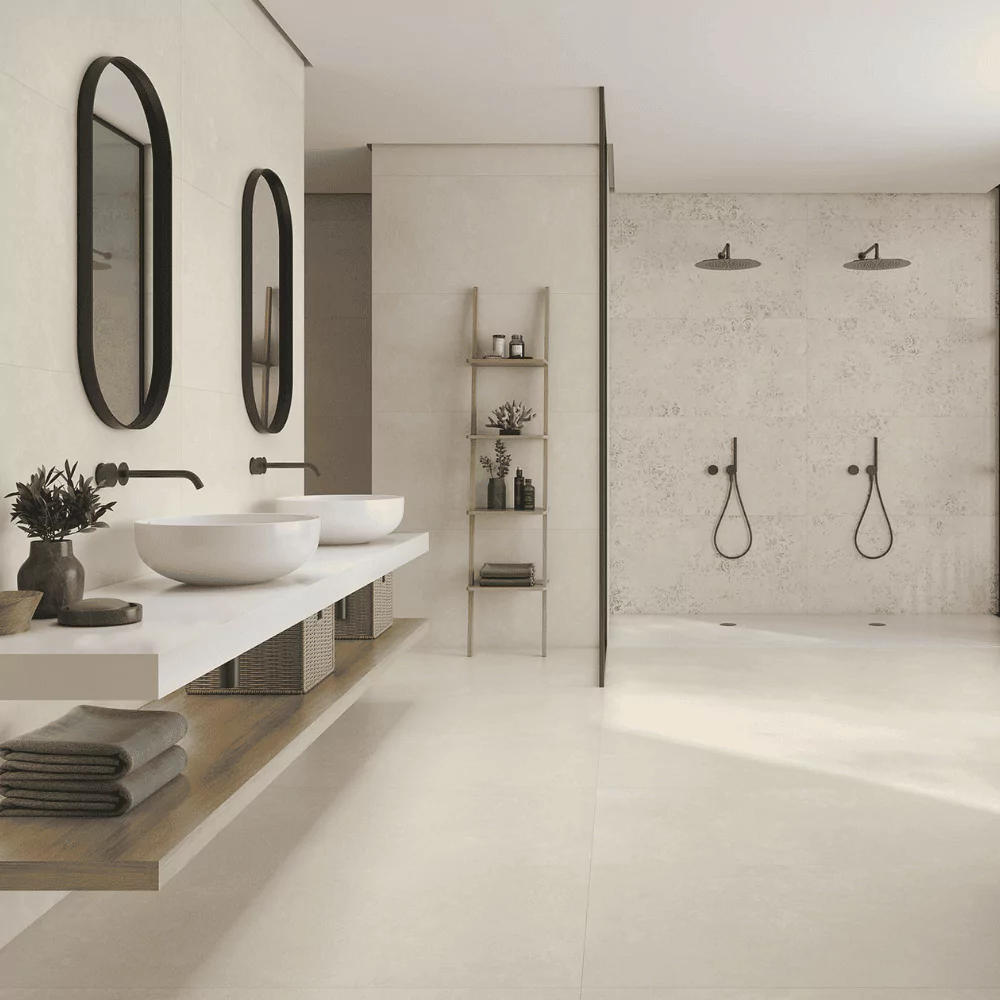 Salle de bains avec carrelage grand format à Douvaine