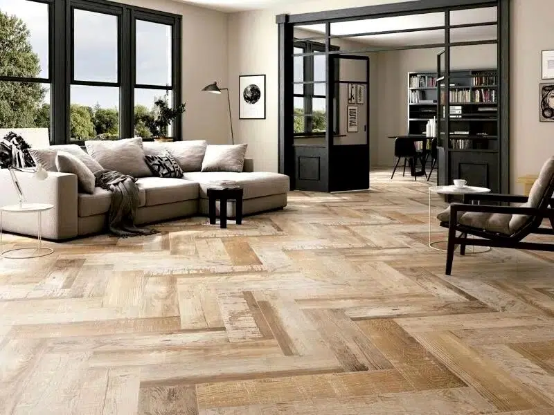 Salon avec carrelage en chevron à Thonon-les-Bains