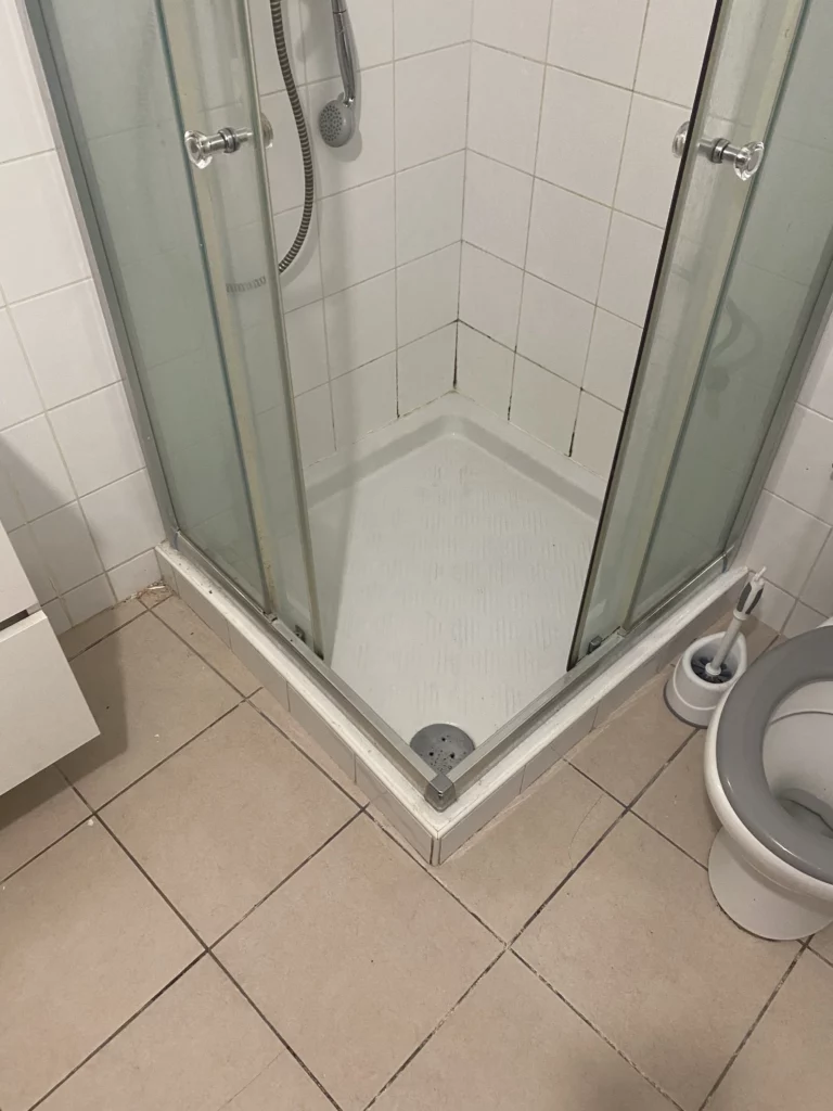 Bac à douche et carrelage au sol carré beige classique à Bons-en-Chablais.