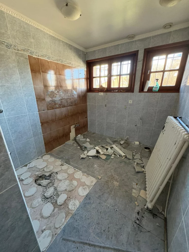 Démolition d'une grande maison à Annemasse : retrait des sanitaires et carrelage dans une salle de bain.