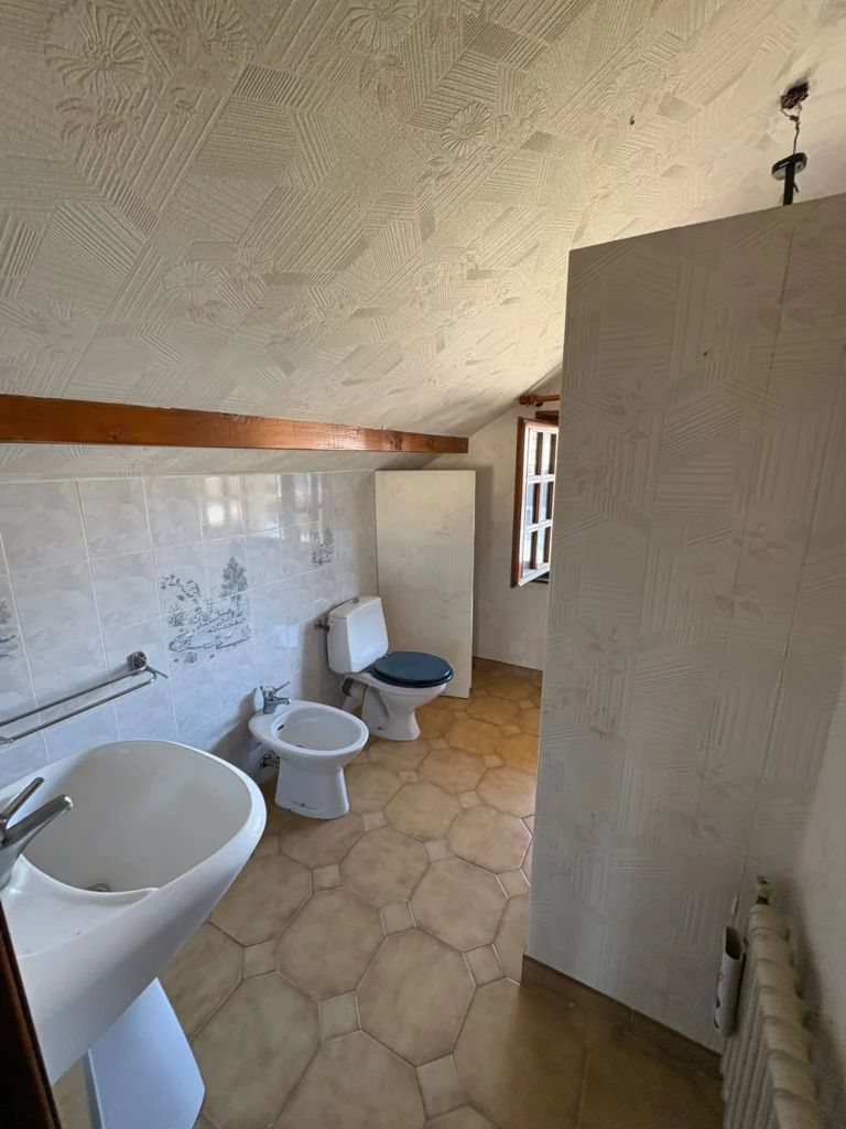 Toilette et bidet dans une salle de bain ancienne avant démolition à Annemasse.