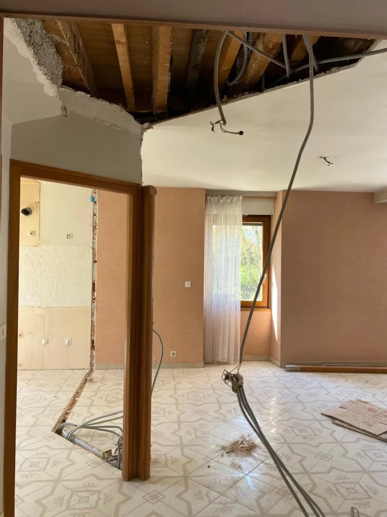 Démolition d'un rez de chaussé à Gaillard : plafond abattu et câbles apparents.